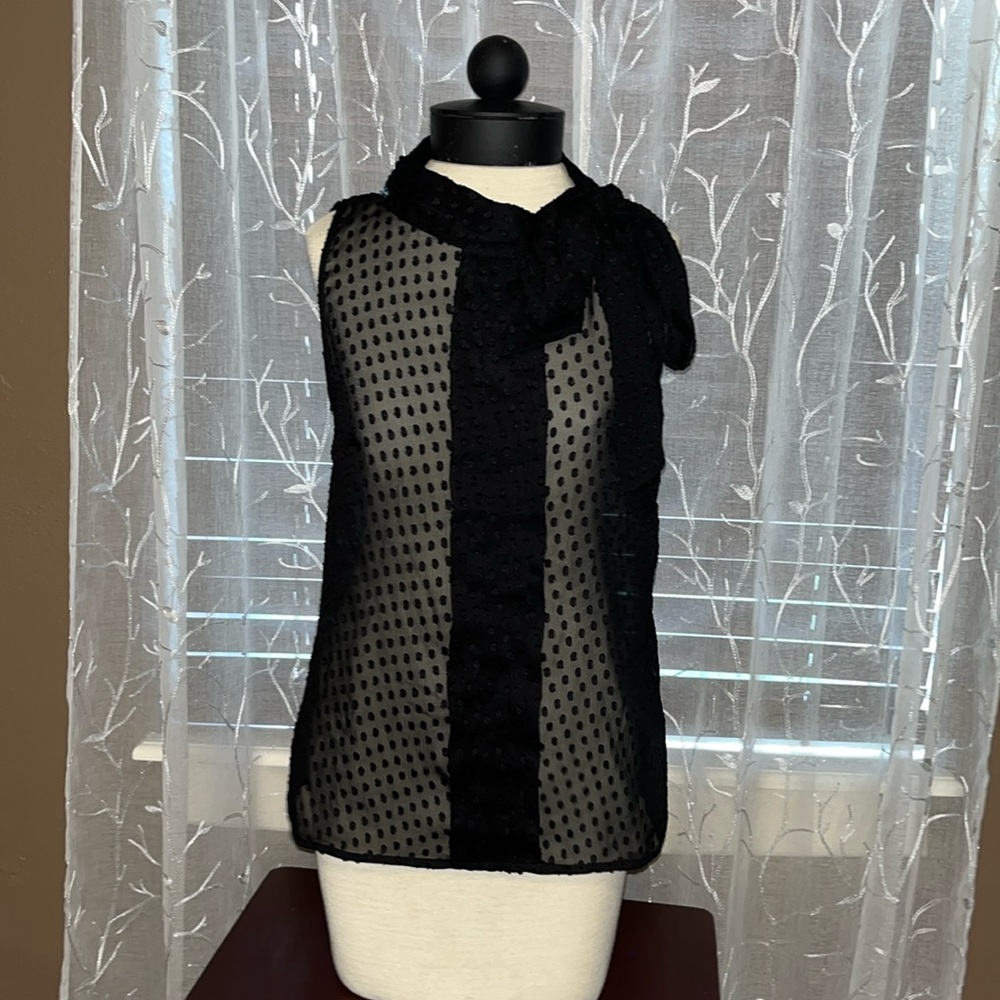 Banana Republic Black Mesh Blouse with Shoulder Tie/Bow size 8 Petite